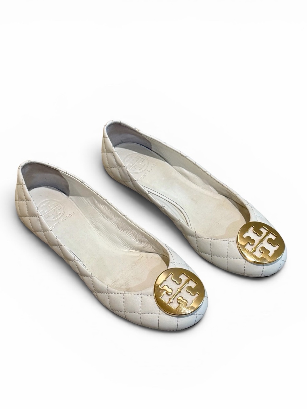 Tory Burch Quinn Quilted Leather Ballet Flats in Ivory White Size 7